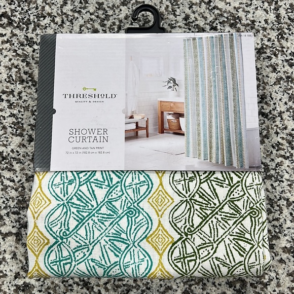 Threshold Green and Tan Print Shower Curtain - Picture 2 of 4